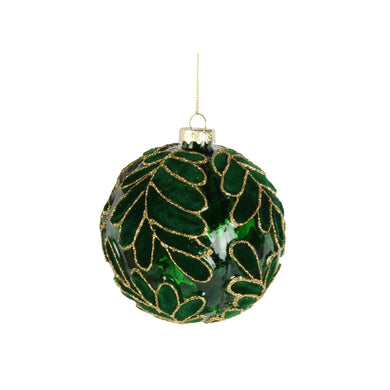 Flocked Holly Glass Ornament Green