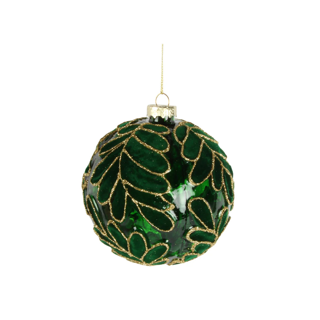 Flocked Holly Glass Ornament Green
