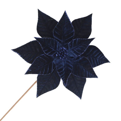 POINSETTIA STEM NAVY BLUE 12″ VELVET RIBBED W/ GLITTER EDGES