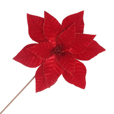 POINSETTIA STEM DEEP RED 12″ VELVET RIBBED W/ GLITTER EDGES