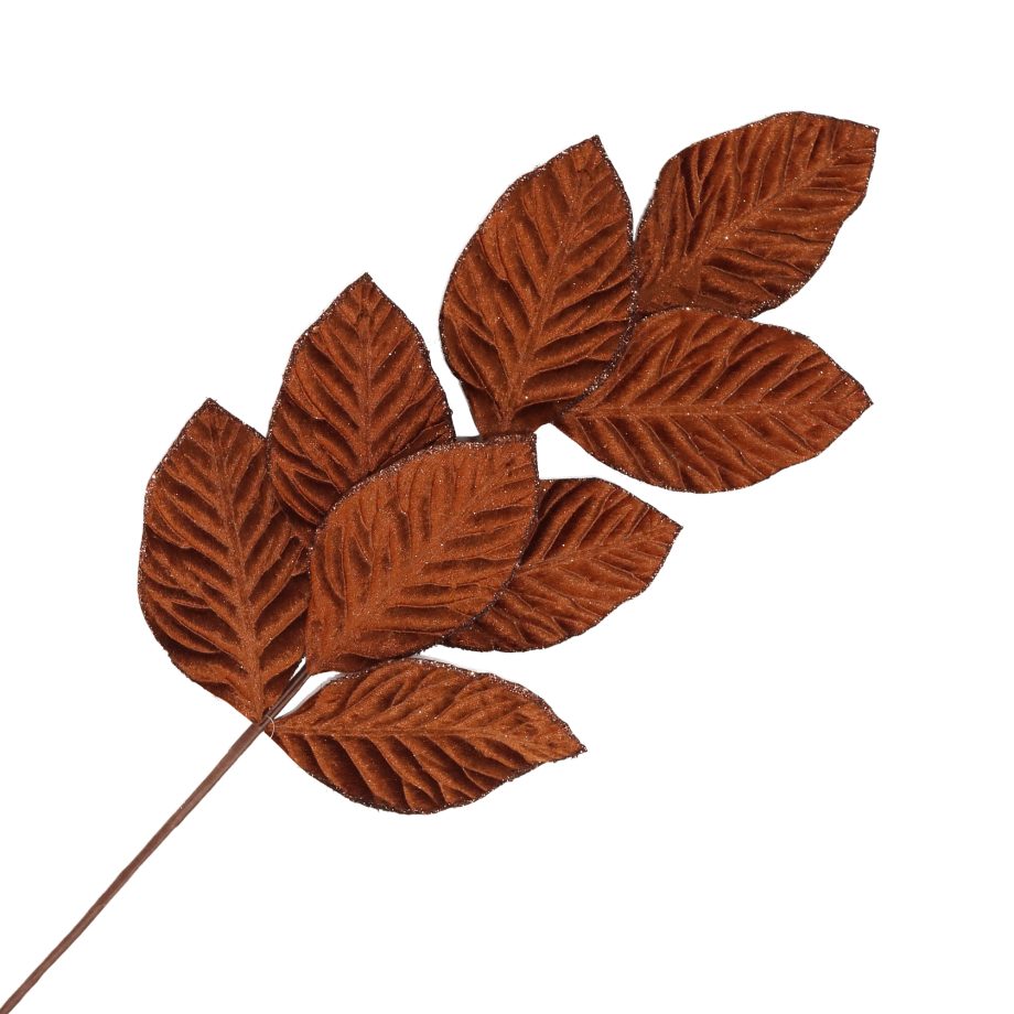 SPRAY MAGNOLIA LEAF FABRIC LT. BROWN 28″ RIBBED W/ GLITTER