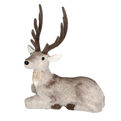 DEER SITTING WOOL FABRIC BEIGE 14″X9″X16″ W/ BROWN ANTLERS