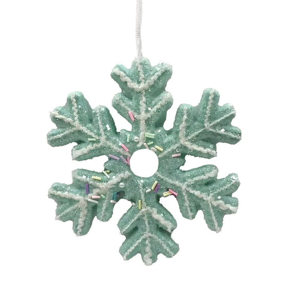 ORN CANDY SNOWFLAKE 5.5″ MINT W/ RAINBOW SPRINKLES & GLITTER
