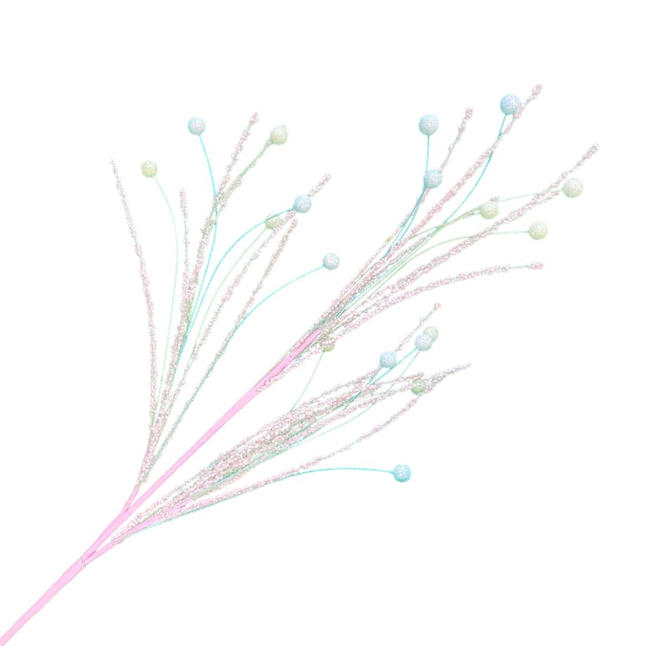 SPRAY FEATHER- LIKE-TWIGS CANDY PINK/MINT/BLUE 30″ GLITTER W/ BALL TIPS